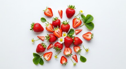 Overhead shot of fresh strawberries, some sliced, with leaves and flowers isolated on white background