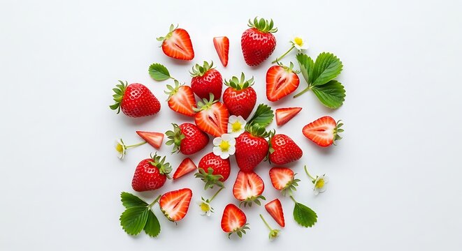 Overhead shot of fresh strawberries, some sliced, with leaves and flowers isolated on white background