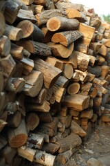 Pile of cut firewood outdoors, closeup view