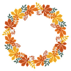 Hand drawn vector wreath made of chestnut and rowan leaves with berries in autumn colors. Concept of seasonal decoration, nature frame and festive design with copy space