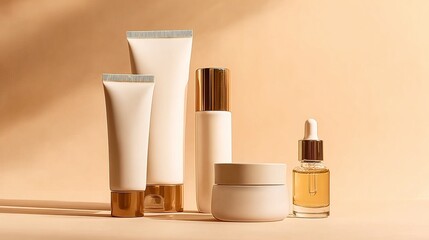 A collection of minimalist skincare products arranged on a warm-toned surface, featuring tubes, jars, and a dropper bottle with elegant simplicity.