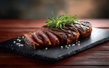 Perfectly grilled and sliced beef steak presented on a dark stone board, garnished with fresh rosemary and sprinkled with sea salt.