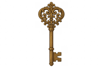 Golden ornate skeleton key unlocking solution, transparent background
