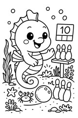 Cute seahorse playing bowling with crab and starfish in underwater scene