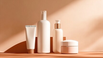 A minimalist arrangement of white cosmetic bottles and jars on a wooden surface, illuminated by soft, natural light against a warm beige backdrop.