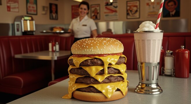 Giant cheeseburger with a milkshake in a retro diner