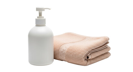 Isolated personal hygiene products, folded tan towel, and pump bottle for a clean aesthetic