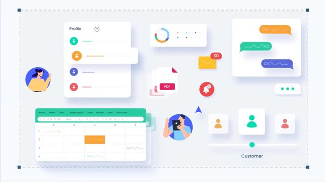 Animated dashboard interface for project management and workflow optimization in flat design.