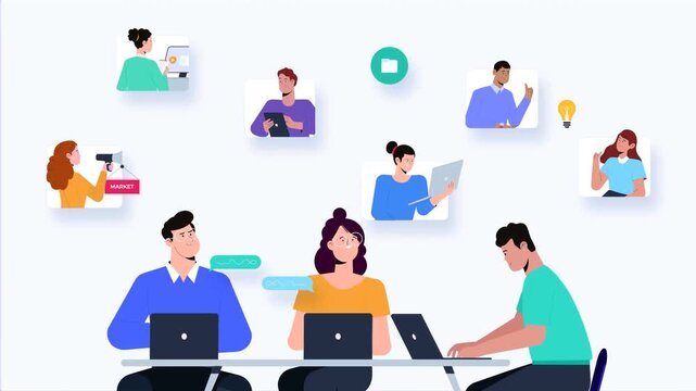 Animated business meeting with three people discussing projects and teamwork in flat design style.