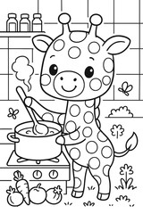 Giraffe stirs soup in a pot on a stove surrounded by vegetables art