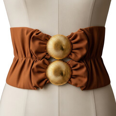 Brown ruffled elastic belt with gold embellishments isolated on transparent background