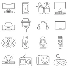 Devices line icon set. Devices line icon Containing smartphone, computer, camera, speaker, microphone, headphones and more. devices vektor. 