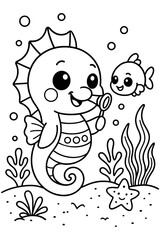 Seahorse blowing bubbles with a fish friend in an underwater world illustration