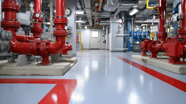 Explore a well-equipped industrial control room featuring red fire suppression pumps, a comprehensive piping network, reflective floors, and wall-mounted gauges, emphasizing safety and preparedness.