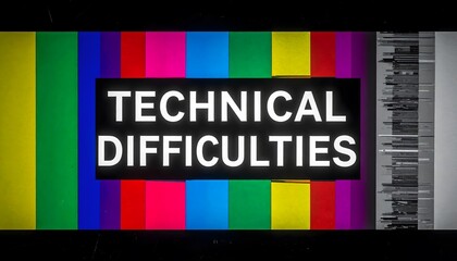 Technical difficulties screen with vibrant color bars and glitch effect for broadcast, streaming, or humorous content creation needs now