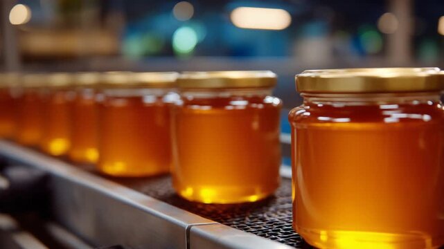 Efficient honey jar production showcases purity and quality in a sterile, amber-rich environment.