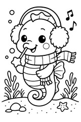 Winter seahorse wearing earmuffs and scarf blowing bubbles illustration