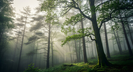 Foggy forest with dense trees, mist, and sunlight filtering through the branches, creating a calm and peaceful atmosphere