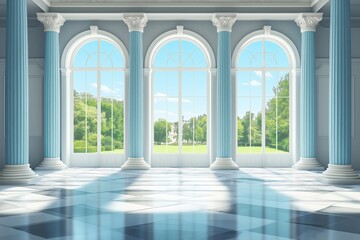 Grand hall with large windows in palace or castle, surrounded by lush greenery