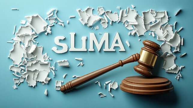 Bold SLIMA text revealed through torn paper with wooden gavel on blue background blending legal symbolism dramatic design and themes of authority