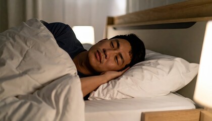 Obraz premium A mature woman lies awake in her bed at night, her face showing strain and a worried expression.