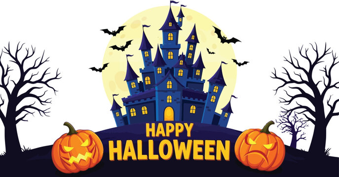 Spooky halloween castle with pumpkins and bats against a full moon sky