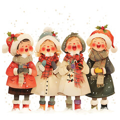 Four charming handmade fabric dolls dressed in winter clothing with hats and scarves smiling and holding small gifts isolated on white