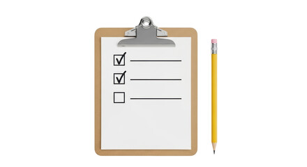 Isolated view of clipboard with checklist and pencil for survey or planning tasks