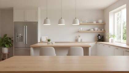 Bright Modern Minimalist Kitchen Interior Design with Light Wood Counters Stainless Steel Refrigerator Pendant Lights Open Shelving and Natural Light from Window