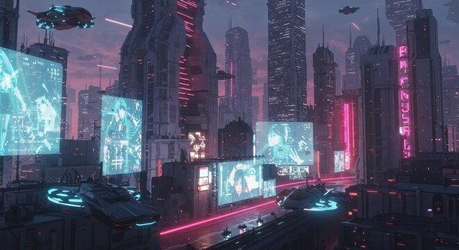Futuristic Neon City with Flying Vehicles and Holographic Screens