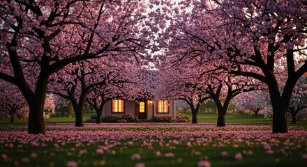 Naklejka premium Blossom-lined path leads to cozy home bathed in warm light at dusk