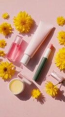 A flat lay composition featuring an assortment of beauty products and vibrant yellow flowers on a soft pink background, creating a fresh and natural aesthetic.