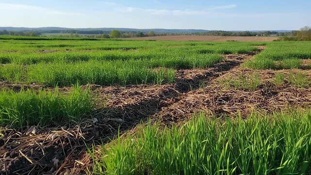 Medium shot of rye plants emerging robustly in a field demonstrating erosion control and organic matter improvement through strategic cover crop planting.