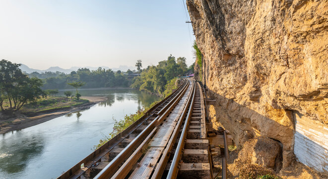 Thai-Burma Death Railway,at Tham Krasae Bridge,alongside the River Kwai,Kanchanaburi province,Thailand.
