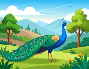 Peacock in a lush valley landscape