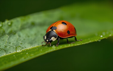 Fototapeta premium A close-up shot of a ladybug sitting on a green leaf