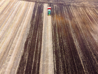 Aerial view of tractor plowing farmland in Norway