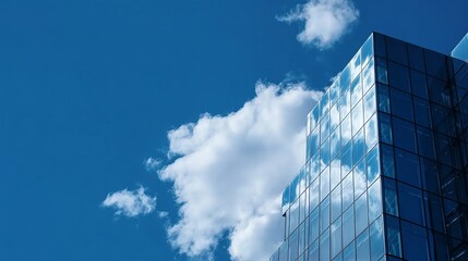 A modern glass skyscraper reflects a vibrant blue sky and fluffy white clouds, showcasing the interplay of architecture and nature.