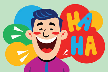Obraz premium Cartoon Man Bursting into Laughter with Colorful Speech Bubbles Displaying HA HA Text