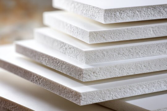 Close-up of a stack of smooth, white rectangular sheets, showcasing a textured edge.  The sheets are neatly arranged, highlighting their thickness and uniformity
