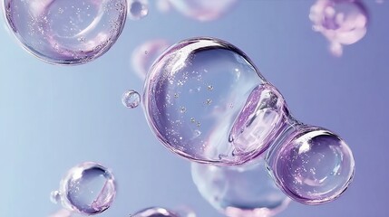 Transparent bubbles with a purple hue float against a soft gradient background, capturing the delicate interplay of light and liquid.
