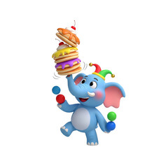 Naklejka premium Whimsical blue elephant balancing pancakes and juggling colorful spheres on black backdrop