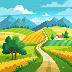 Obraz premium Vector cartoon rural road winding through scenic farmland mountains sky clouds