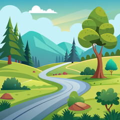 Vibrant cartoon countryside landscape vector illustration with winding path and lush green trees
