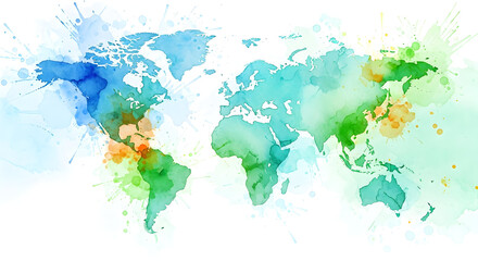 Naklejka premium Abstract world map illustration created with colorful paint splashes symbolizing the interconnectedness and diversity of the planet.