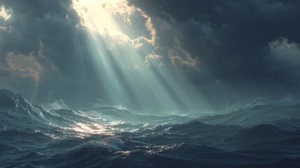Sunlight through stormy clouds over sea