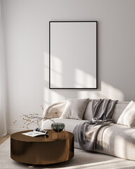 Modern Living Room Poster Frame Mockup with Natural Light and Minimalist Decoration. 3D render.