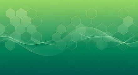 Modern abstract green background with hexagonal shapes, gradient design, and flowing wave lines. Perfect for technology, science, innovation, medical, or futuristic digital themes.