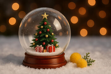 Festive Scene: A close-up shot of a whimsical snow globe featuring a decorated Christmas tree. Presents beneath, snow and festive lights create a magical ambiance.