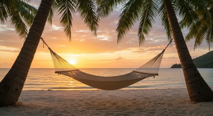 Relaxing sunset view with hammock on tropical beach nature serene environment peaceful concept